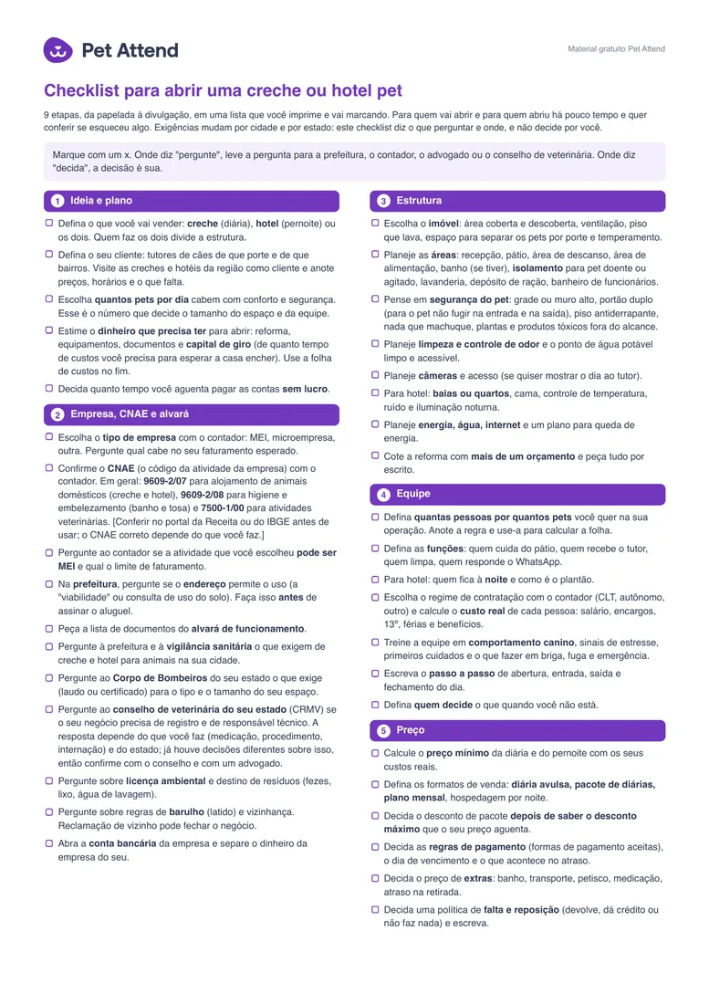 Primeira página do checklist, com as etapas 1 a 5: ideia e plano, empresa, CNAE e alvará, estrutura, equipe e preço