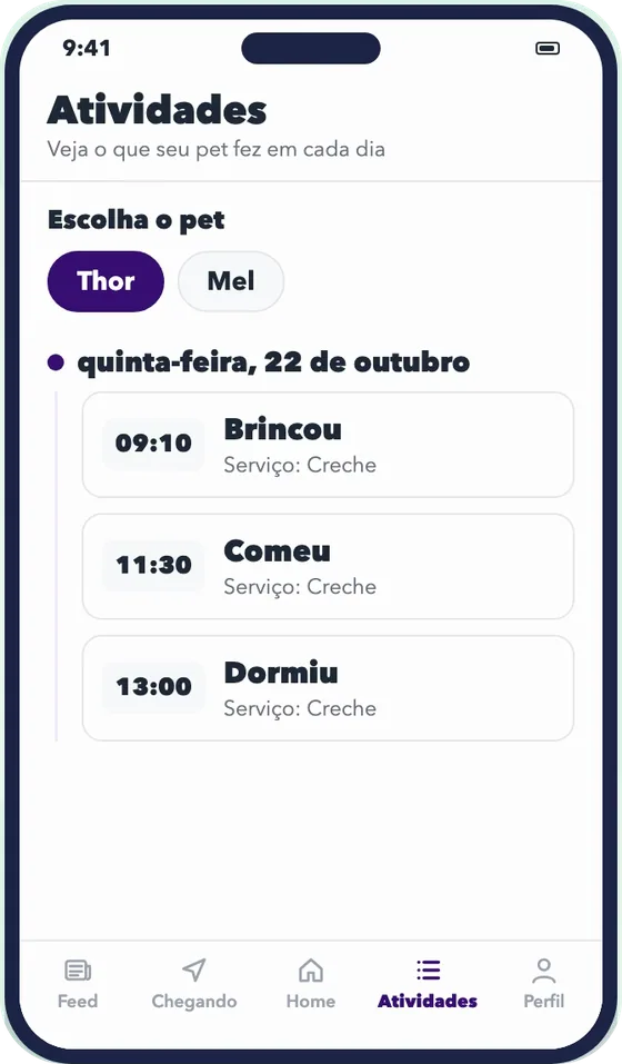 App do tutor com as atividades do dia do Thor: brincou às 09:10, comeu às 11:30 e dormiu às 13:00