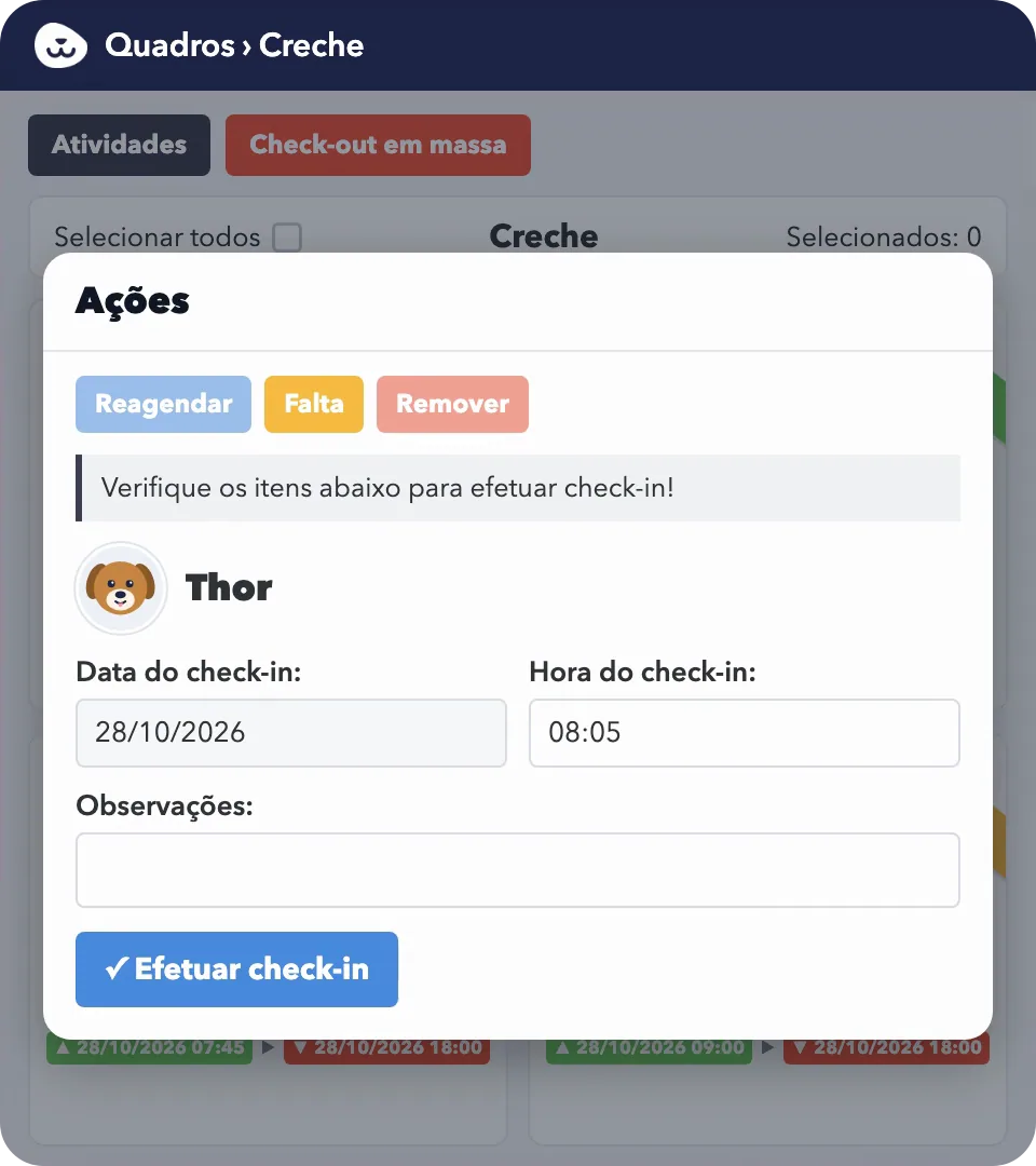 Janela de ações do quadro do dia para dar o check-in do Thor, com data, hora e observações