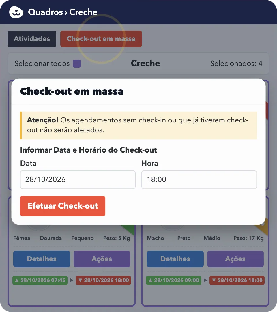 Janela de check-out em massa com data e hora de saída para os pets selecionados