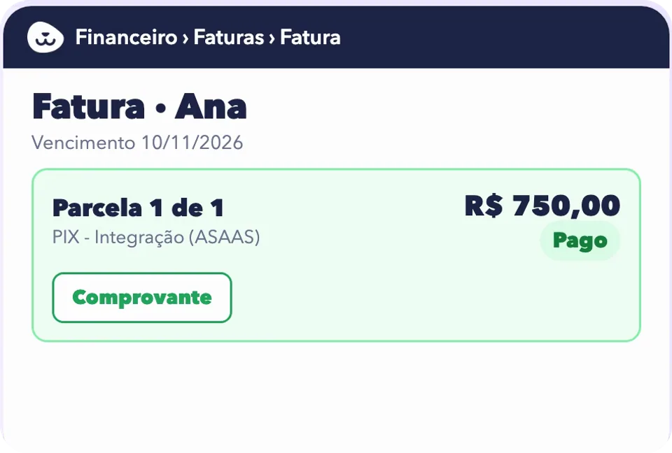 Fatura da tutora Ana com uma parcela de R$ 750,00 paga por Pix pela integração com o Asaas