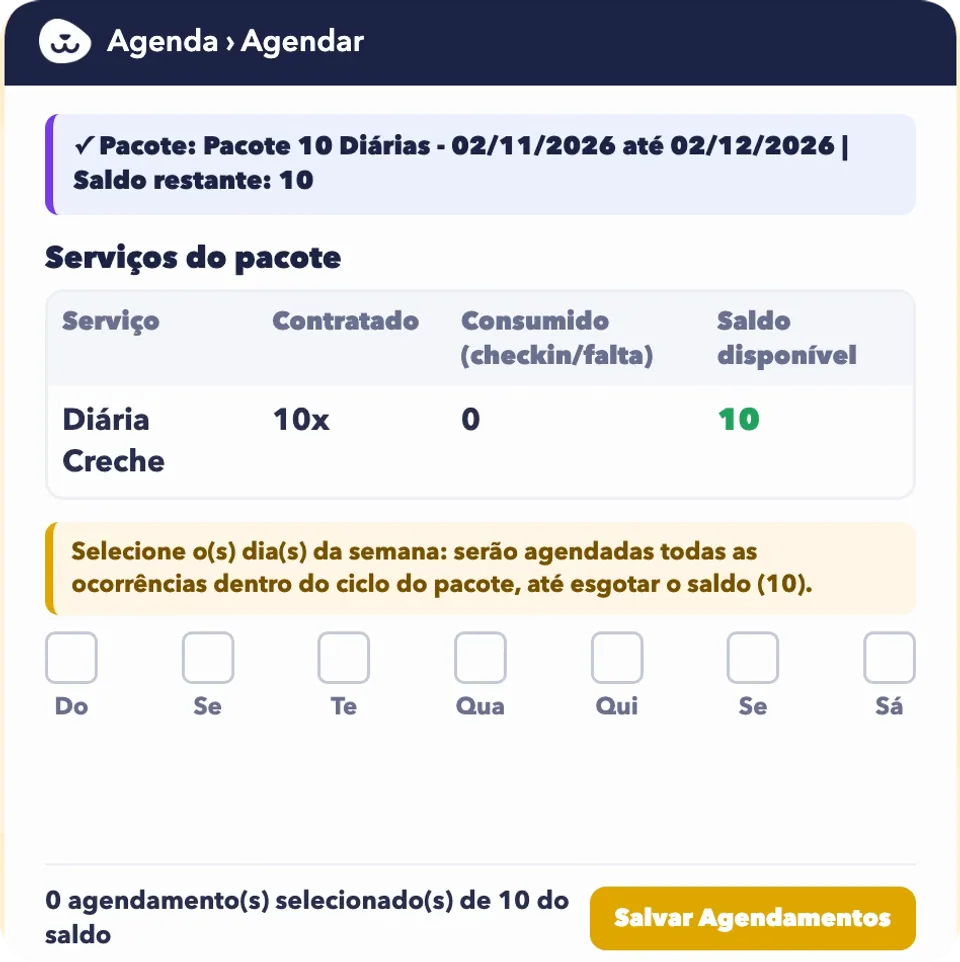 Tela de agendar com um pacote de 10 diárias de creche e os dias da semana para escolher